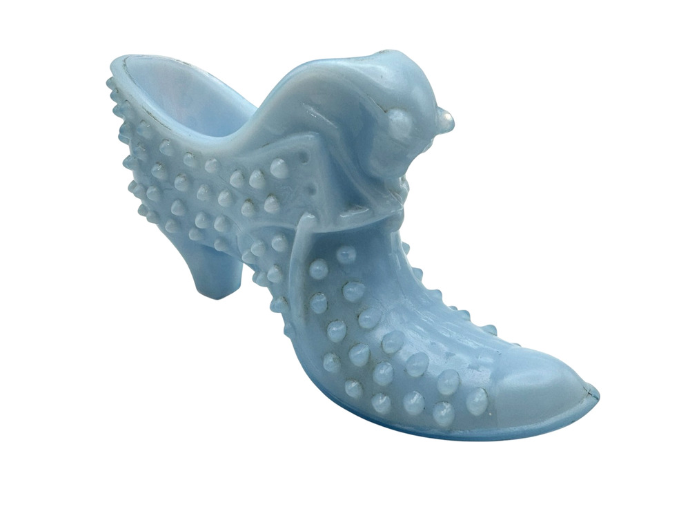 Vintage Fenton Baby Blue Slag Glass Shoe Slipper Cat Head Hobnail High Heel